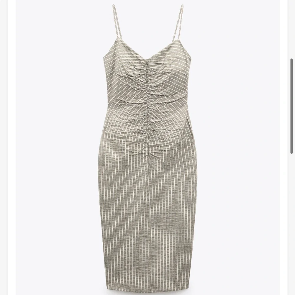 Zara striped tan and white cotton midi dress NWT - Picture 3 of 10